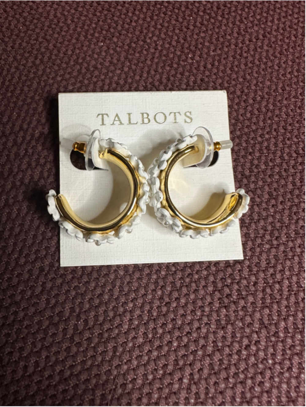 Talbots White & Gold Floral Hoop Earrings